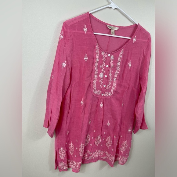 Krazy Kat Pink White Embroidered Lightweight Tunic Blouse Colorful Floral sz XL - Picture 2 of 15